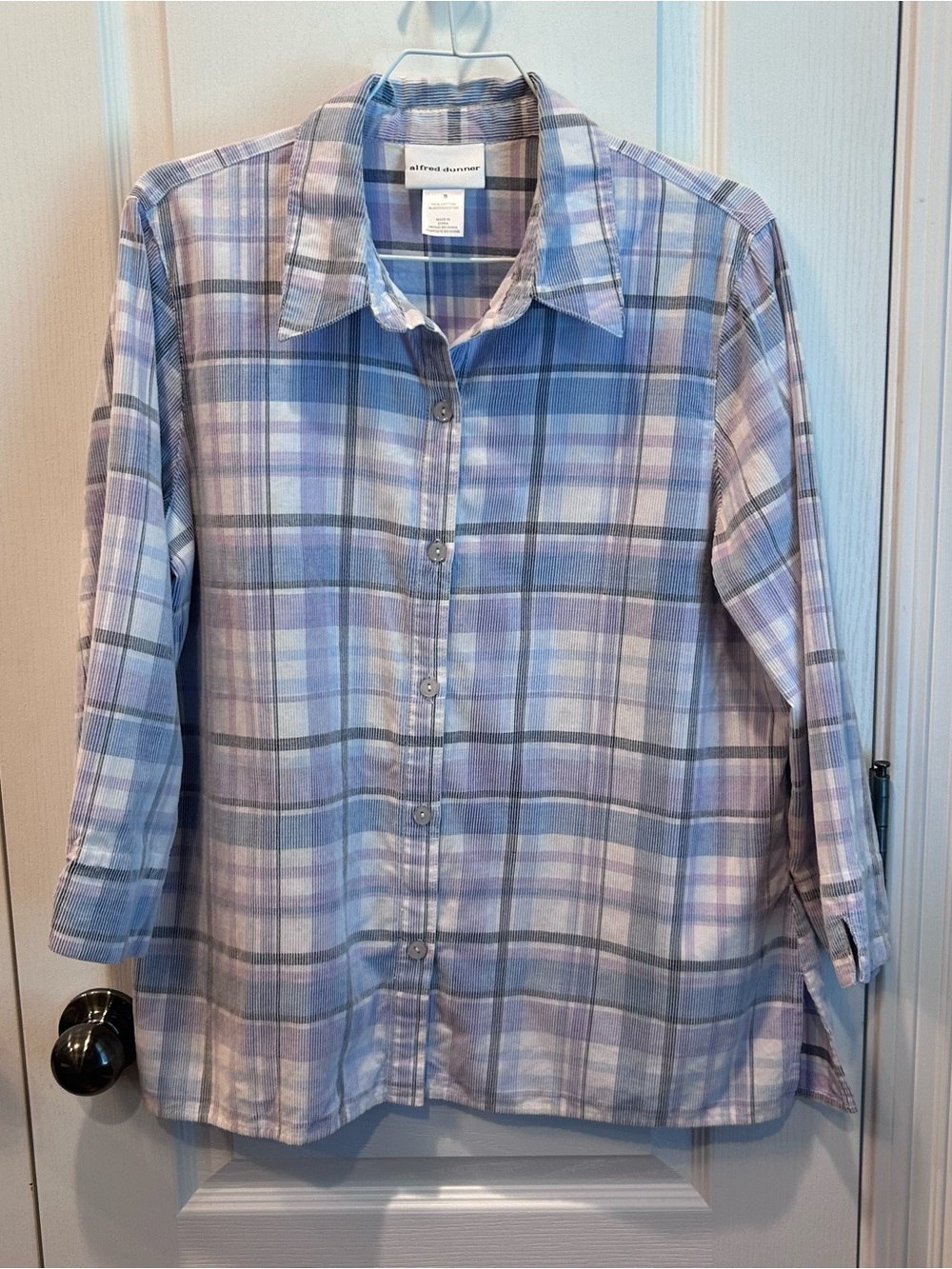 Alfred Dunner Women’s Pastel Purple & Blue Plaid Button Up Long Sleeve Top Small